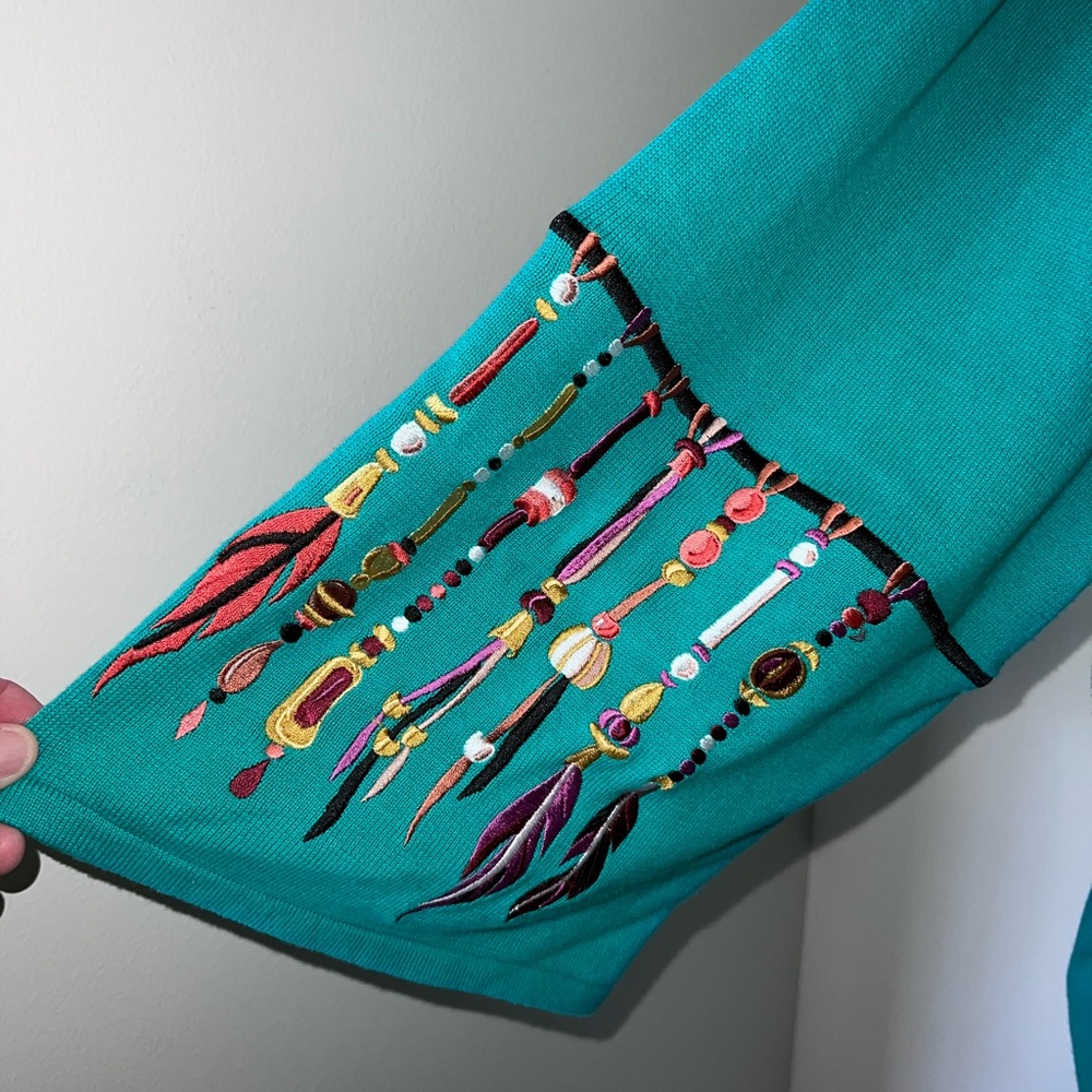 Bob Mackie Wearable Art Turquoise Embroidered Cardigan Duster Dreamcatcher/3X - Picture 4 of 9